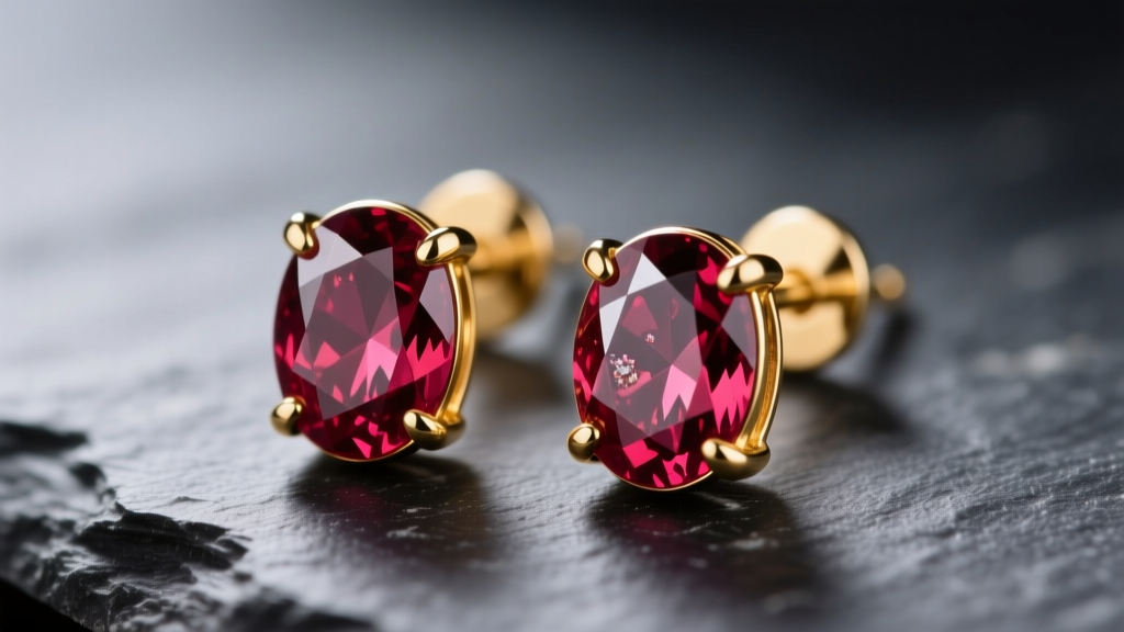Macro shot of 14k gold stud earrings with oval-cut rubies in four-prong settings on dark slate, showing inclusions.