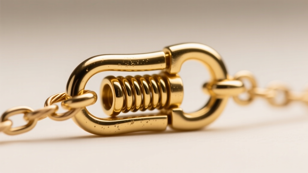 Macro photo of 15mm gold lobster clasp on a 3mm cable chain, showing the spring mechanism and a soldered jump ring attachment