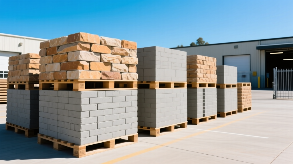 Stacked natural stone veneer pallets and concrete pavers at Peninsula Building Materials San Martin yard under clear skies.