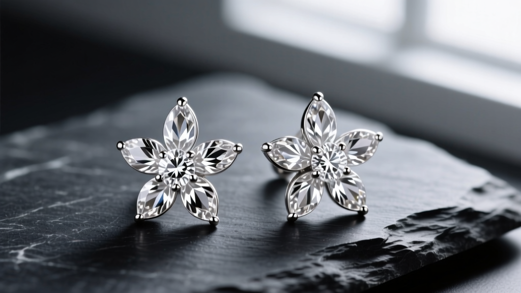 Macro shot of platinum flower diamond earrings with marquise-cut petals and a round center stone resting on dark slate.