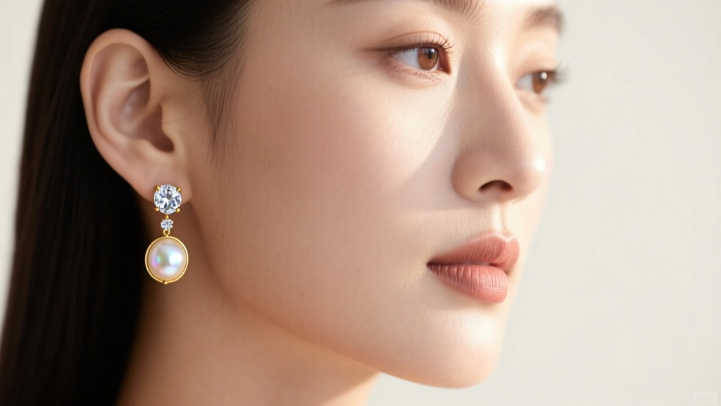 Close-up of a woman wearing 14k white gold pearl and diamond dangle earrings, soft lighting highlighting nacre and diamond sparkle