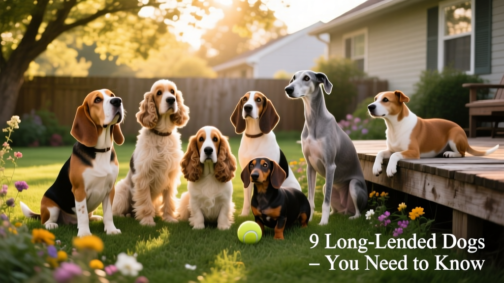 Group of long-eared dogs including a Bloodhound, Beagle, and Cocker Spaniel sitting together in a sunlit backyard