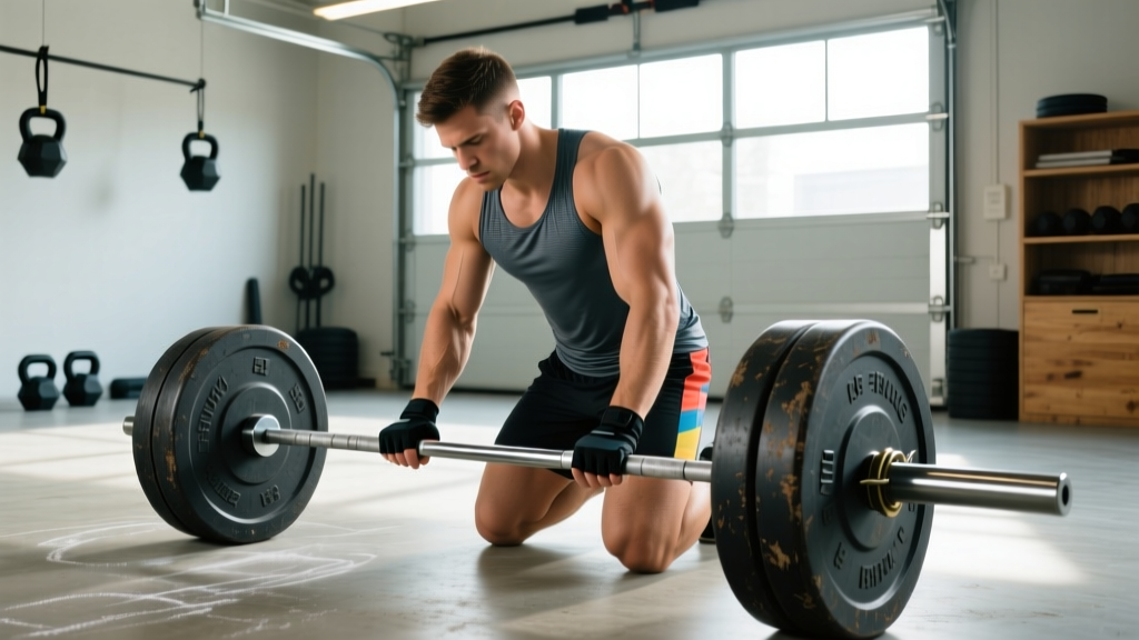 Fitness enthusiast inspecting the center knurling on a steel Olympic barbell under bright garage lighting to assess wear before donation