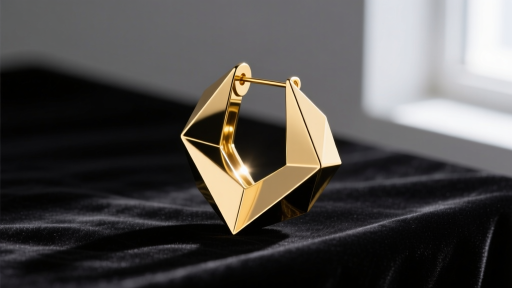 Side profile of a large geometric statement earring made of lightweight aluminum with a PVD gold coating resting on dark velvet