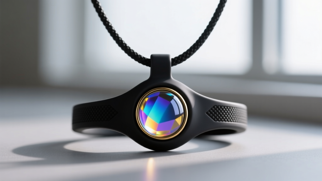 Close-up of a retro 2010s style black silicone power balance necklace pendant featuring a vibrant dichroic holographic glass inlay