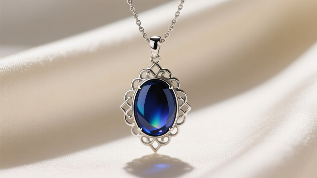 Close-up of a vintage-style silver mood necklace pendant shifting to a deep dark blue color against a soft cream silk background.