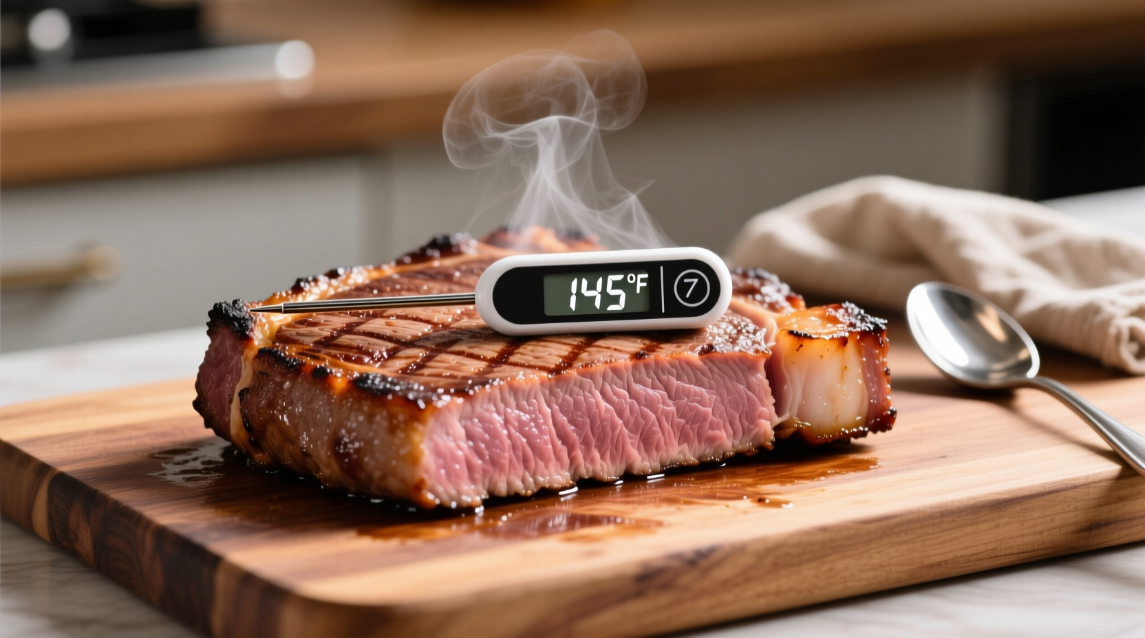 Perfectly cooked pork steak with thermometer showing 145 degrees