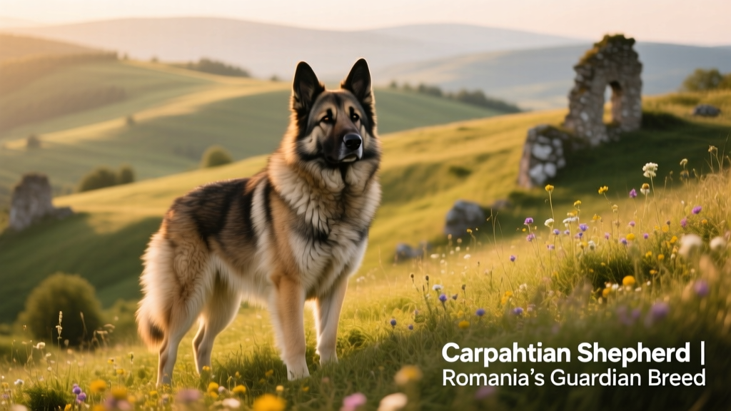 Carpathian Shepherd Dog standing alert on a grassy hillside, showing its thick double coat and confident posture