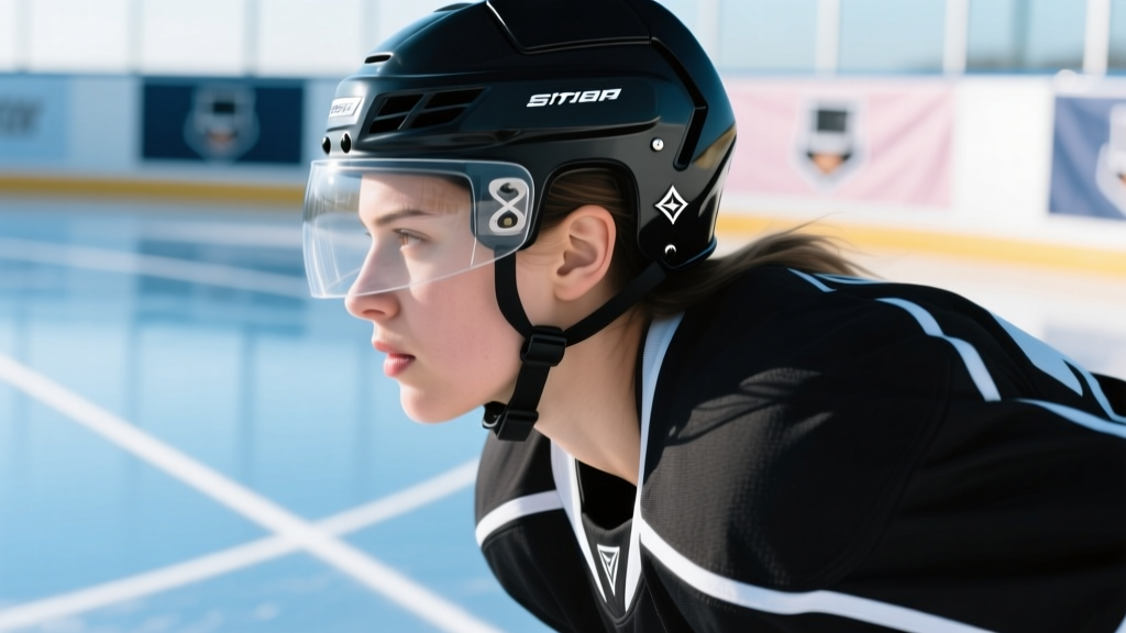 Side profile of a hockey player wearing a matte black titanium flat-back stud, showing clearance beneath her helmet ear strap.