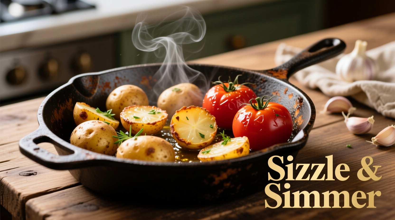 Golden potatoes and ripe tomatoes sizzling in cast iron skillet