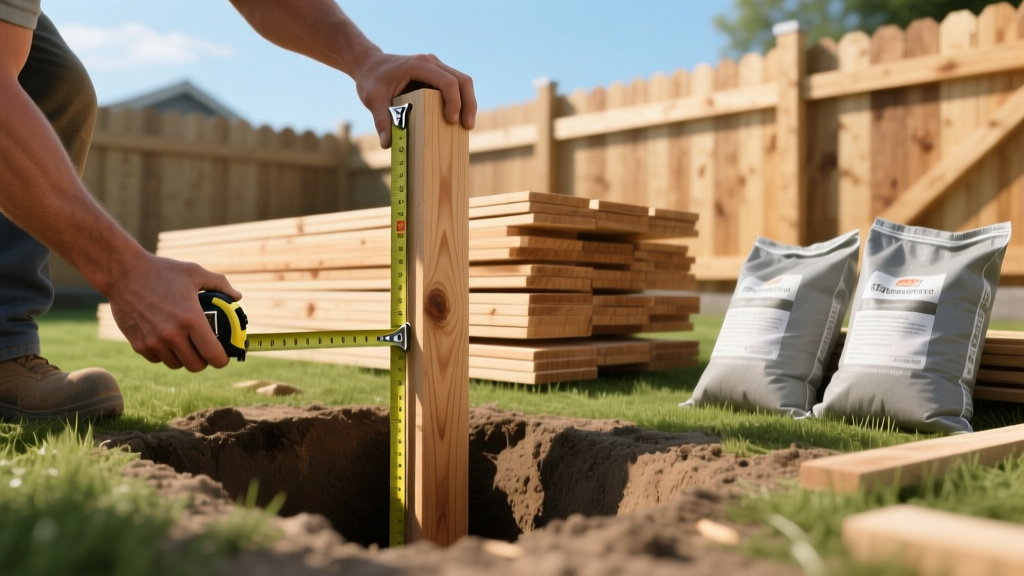 Contractor measuring wooden post hole depth next to stacked pressure-treated pine fence panels and bags of concrete mix.