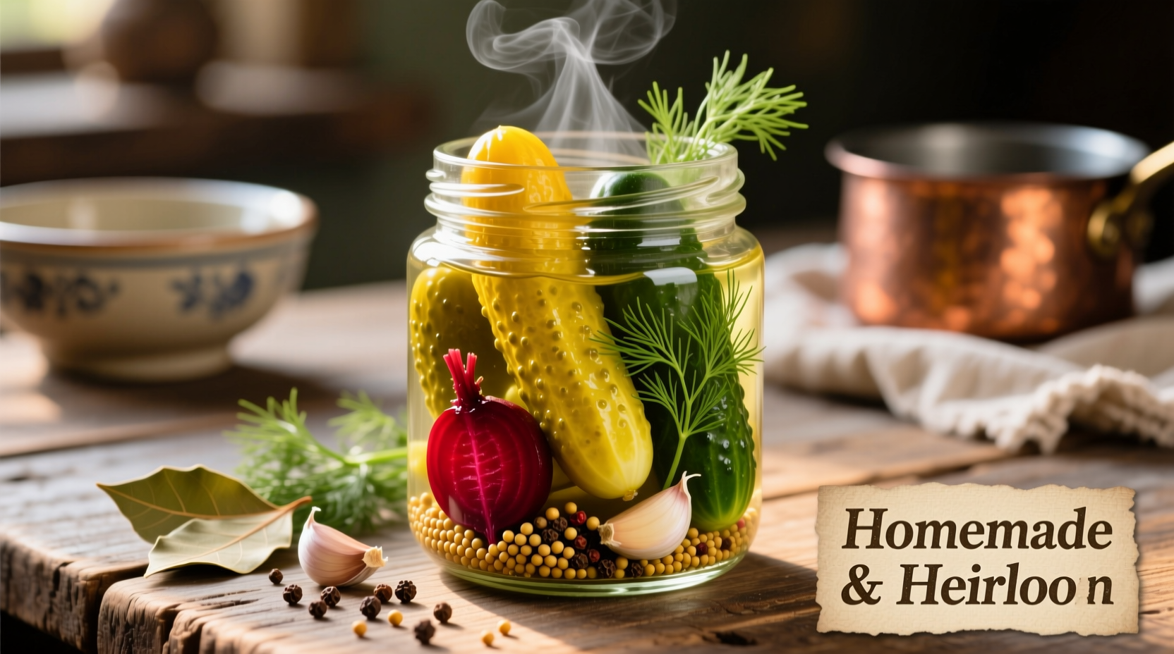 Glass jar filled with vibrant pickles and pickling spice blend