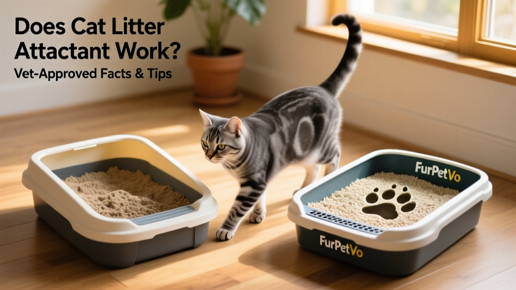 Side-by-side comparison of two litter boxes: one with plain clay litter, one with FurPetVo attractant-infused litter showing clear paw impressions