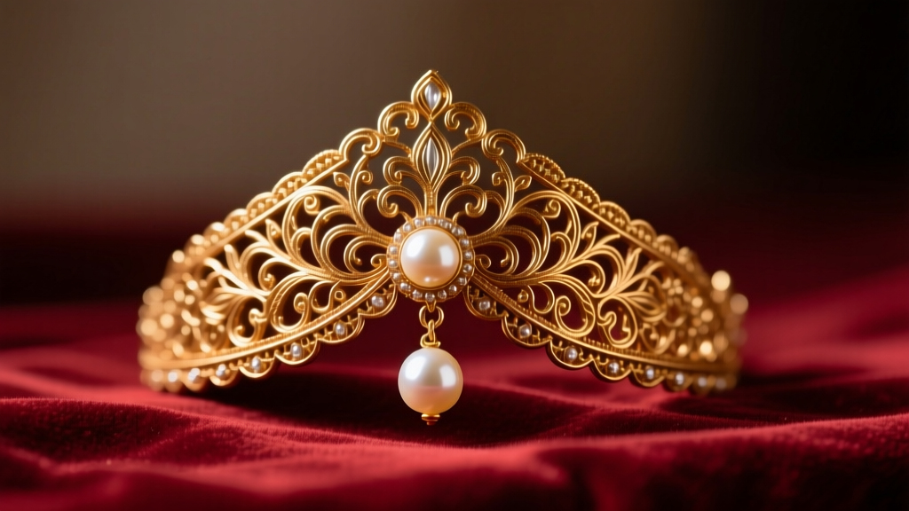 Close-up of a Rajasthani Borla headpiece with intricate gold filigree and a spherical pearl drop resting on dark red velvet