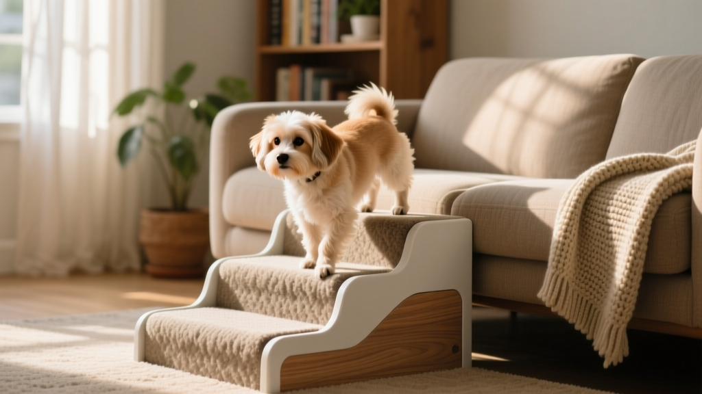 A small dog confidently stepping onto the first tread of sturdy, carpeted pet stairs placed beside a cozy sofa