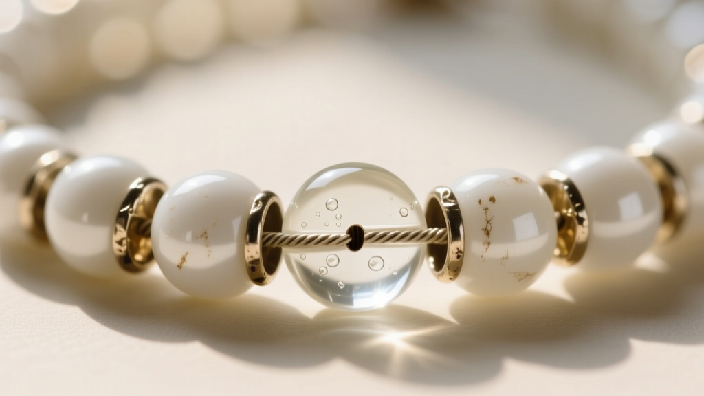 Extreme macro photography of a vintage white glass bead necklace showing the foil backing and threaded drill hole details
