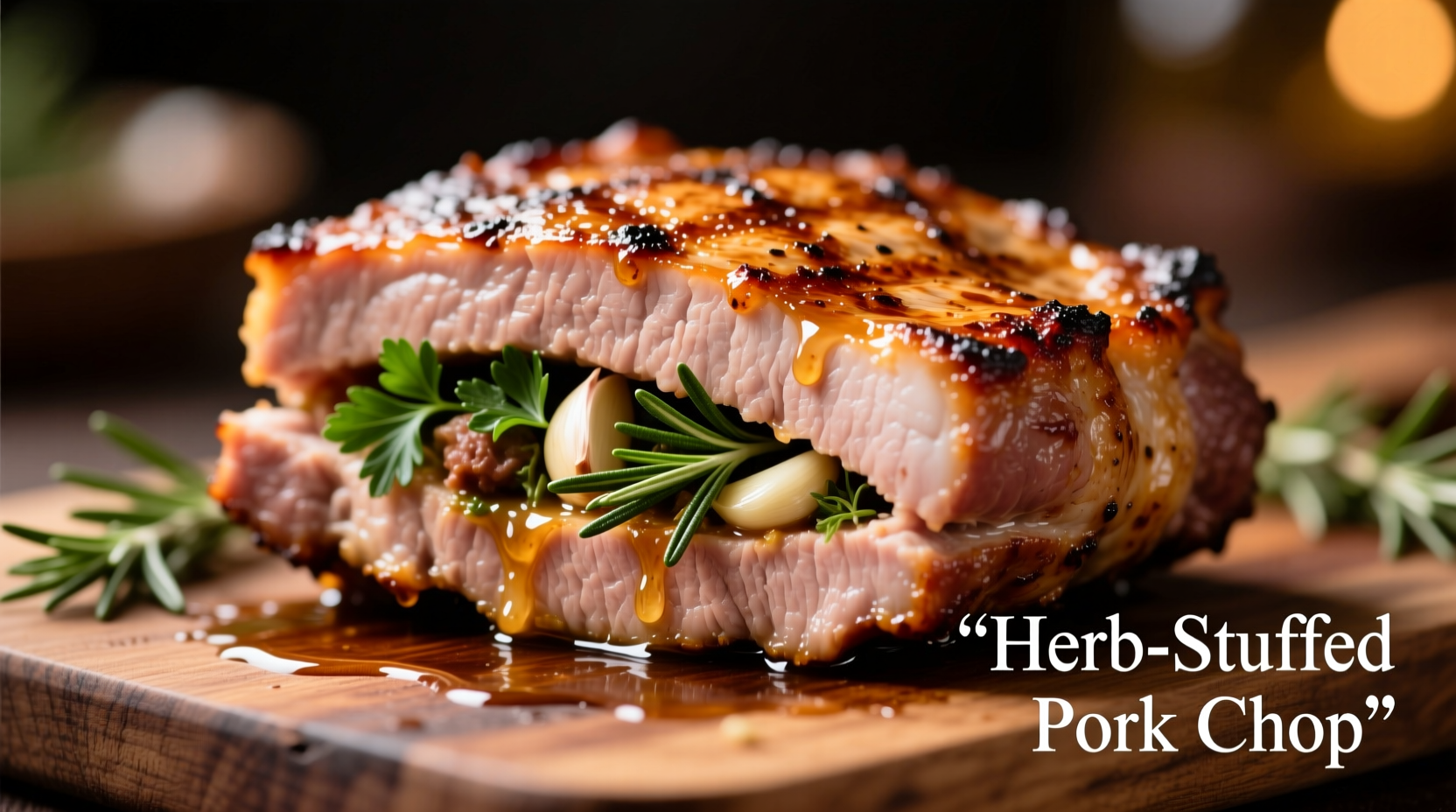 Stuffed pork chop with herb stuffing visible