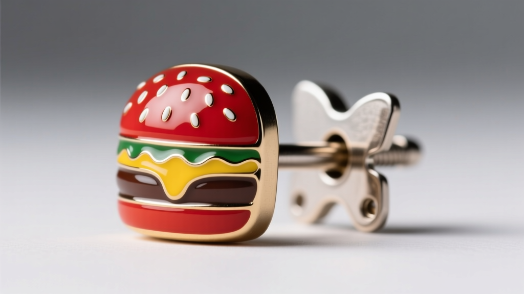 Macro shot of a 20-gauge titanium earring post with a 15mm enamel hamburger charm, highlighting a secure butterfly clutch backing