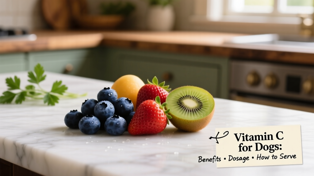 Fresh, dog-safe fruits like blueberries, strawberries, and kiwi arranged on a clean surface