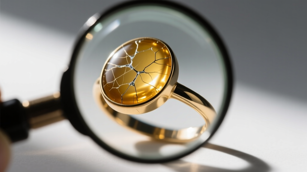 Loupe examining a chipped vintage goldstone ring edge, highlighting surface scratches versus deep structural glass fracture lines
