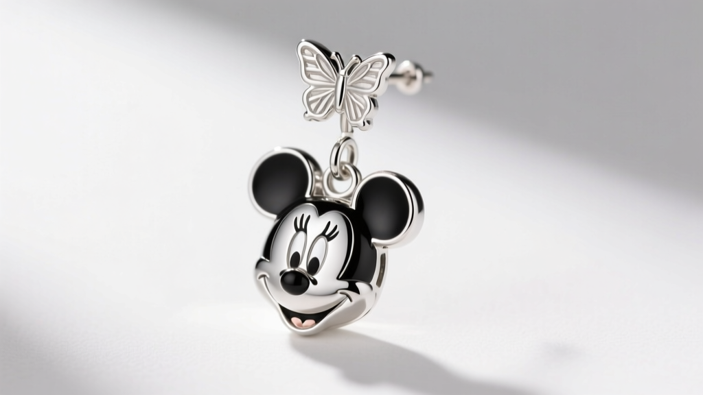 Macro shot of a 20-gauge sterling silver Minnie Mouse dangle earring post and butterfly clutch, highlighting the rhodium plating.