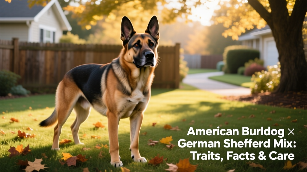 A confident, muscular American Bulldog and German Shepherd mix standing alert in a sunlit backyard