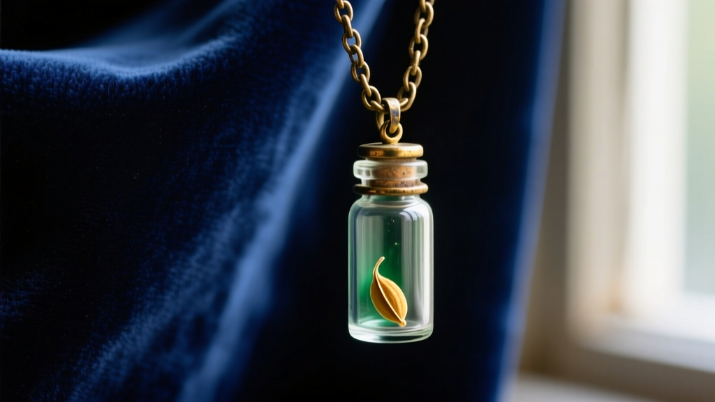 Close-up of a Victorian glass vial pendant holding a dried mustard seed, hanging from a tarnished brass chain on dark blue velvet.