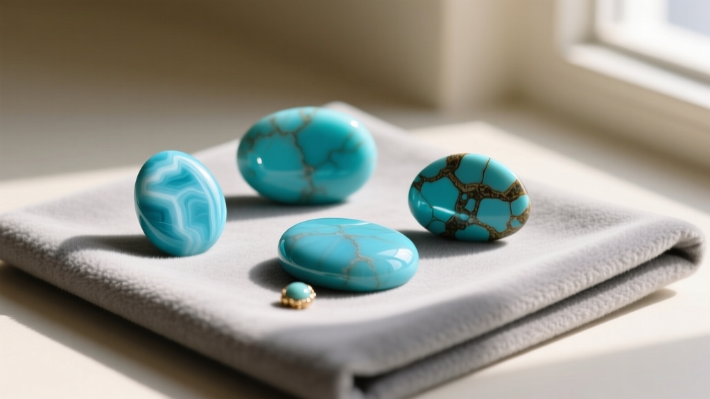 Flat lay of stabilized turquoise, dyed howlite, and natural Persian turquoise cabochons resting on a soft grey suede jewelry cloth