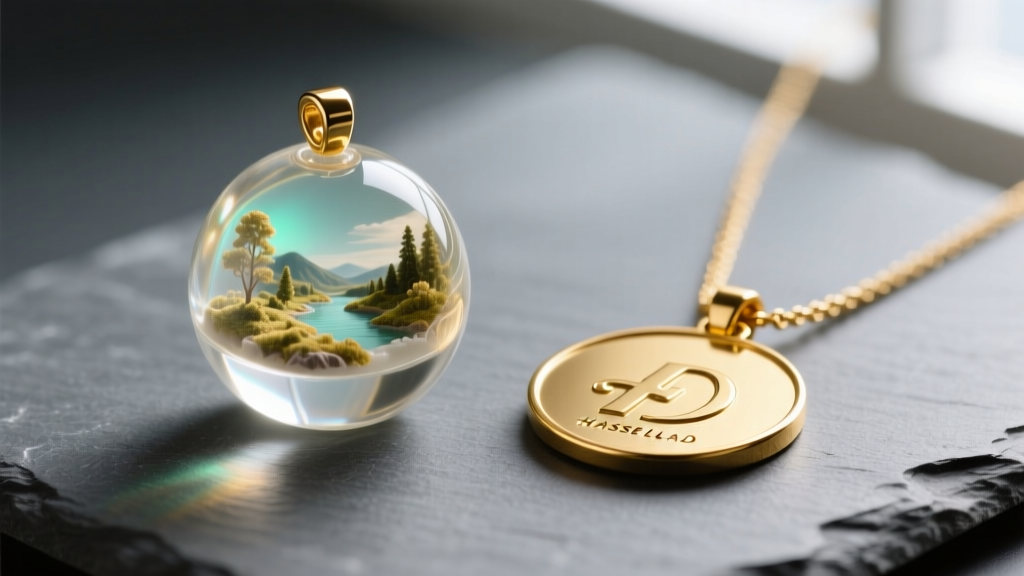 Macro shot comparing a UV resin dome photo pendant and a flat laser-etched gold medallion necklace on a slate gray surface.
