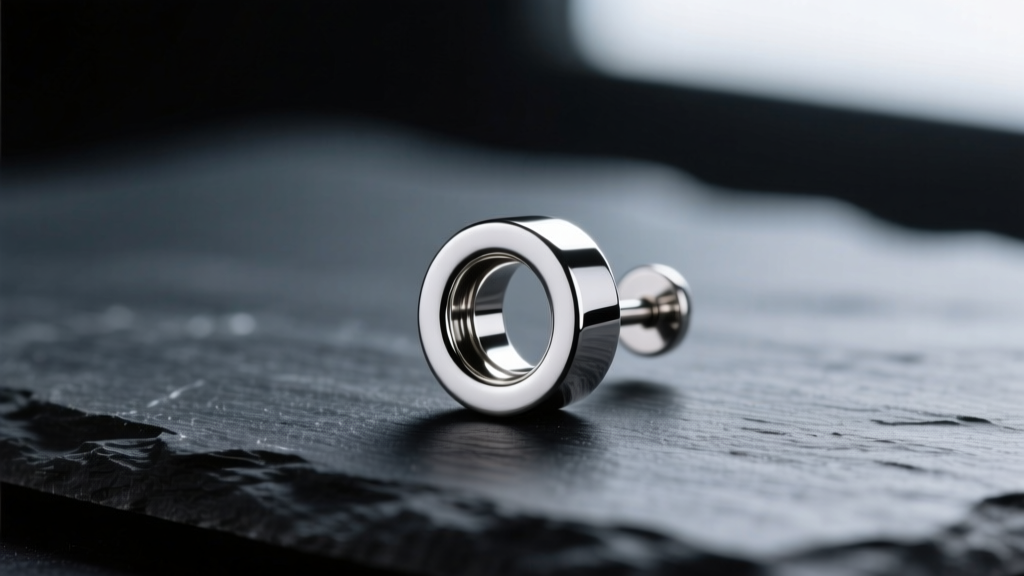Macro shot of an ASTM F136 implant-grade titanium flat back labret earring with a mirror finish, resting on dark slate
