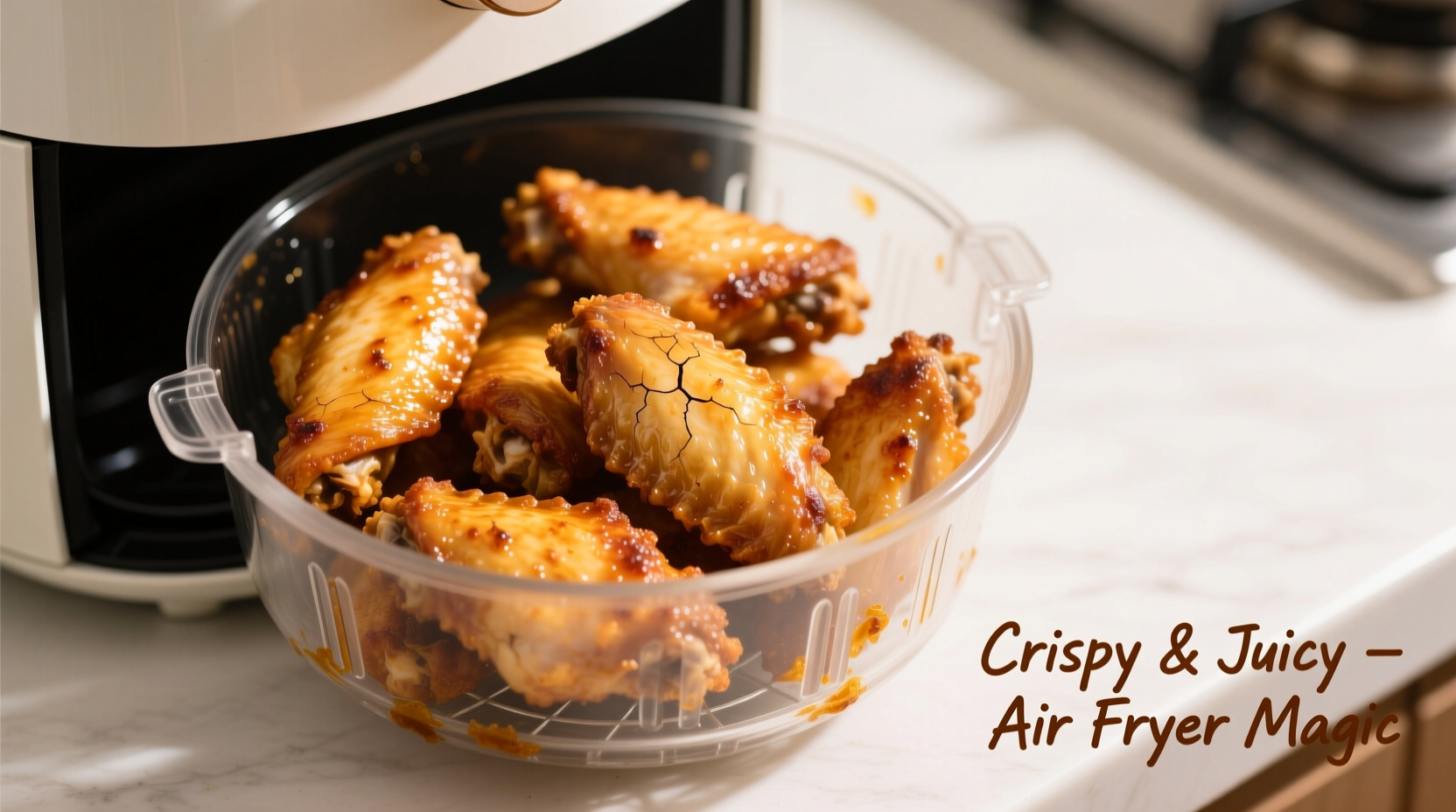 Air fryer with crispy golden chicken wings