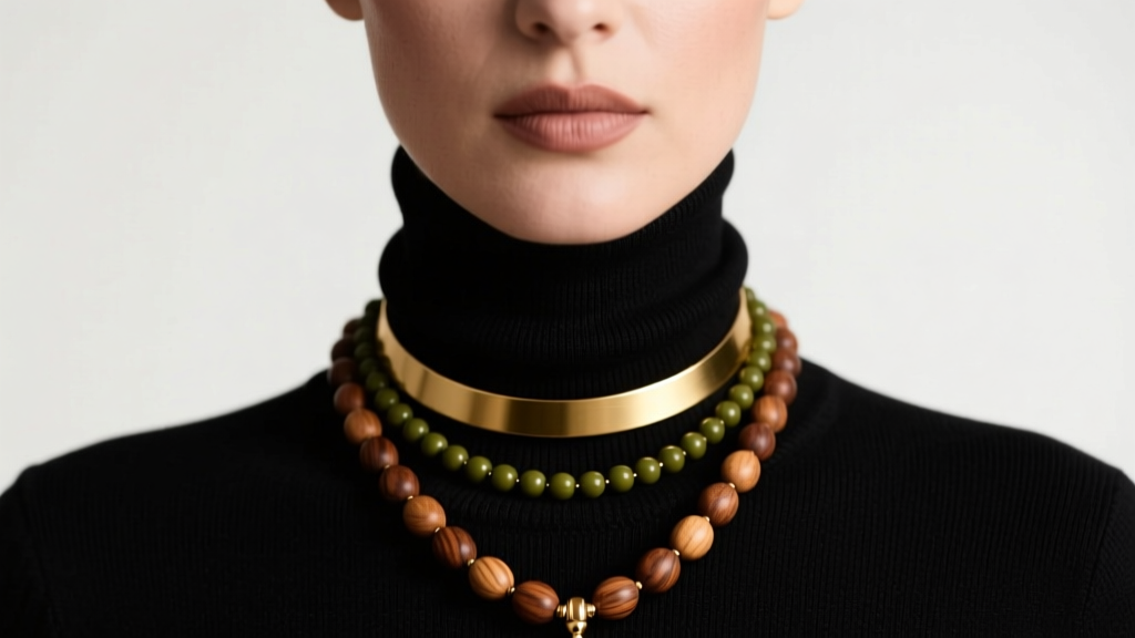 Woman layering olive wood rosary necklace with a gold choker over a black turtleneck sweater, illuminated by soft studio lighting.