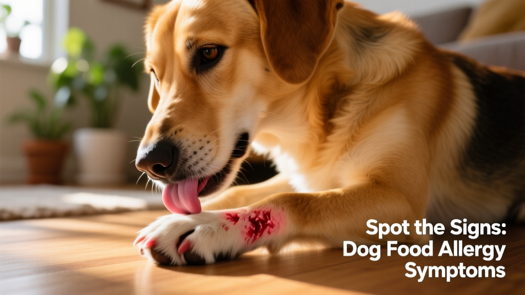 Close-up of a dog licking its paw, showing redness and mild swelling—common sign of food allergy-related itching