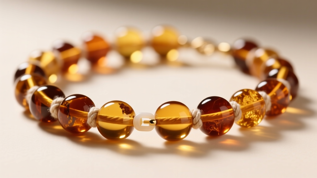 Macro shot of polished cognac amber beads on a baby necklace showing individual cotton knots and a secure plastic safety clasp