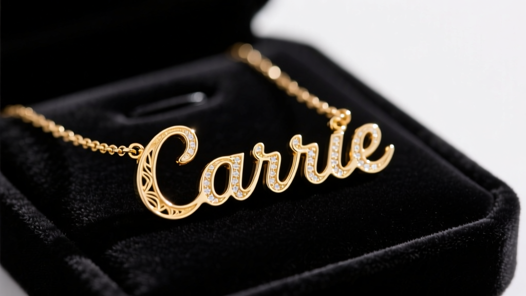 Close-up of a snapped 14k gold Carrie name necklace letter resting on a dark velvet jeweler bench under bright studio lighting