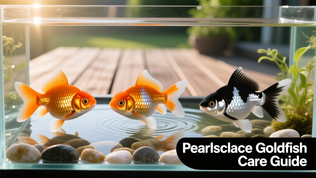 Side-by-side comparison of three healthy Pearlscale goldfish—one orange, one calico, one black-and-white—displaying uniform scale domes and alert posture