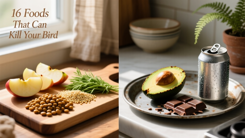 Side-by-side comparison: healthy bird-safe snacks (chopped apple, cooked lentils, millet sprays) versus unsafe items (avocado slice, chocolate bar, open soda can)
