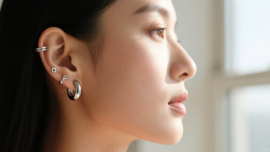 Side profile of a woman wearing 16-gauge sterling silver cartilage hoops, showing ear anatomy and high-shine metal reflections.