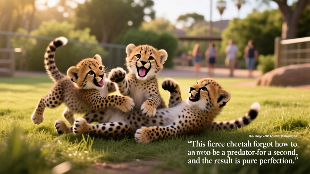 A playful group of four cheetah cubs tumbling together at the San Diego Zoo, one with tongue slightly out