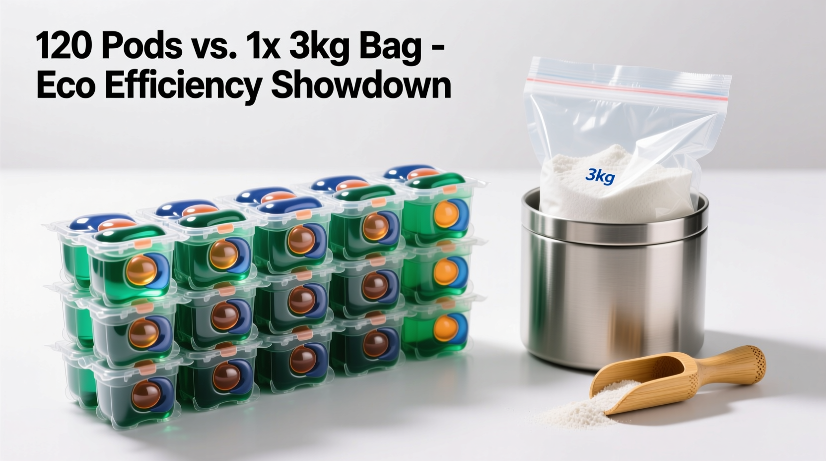 Side-by-side comparison: a stack of 120 laundry pods in plastic blister packaging next to a single 3 kg bag of powdered detergent in a reusable stainless steel container with a bamboo scoop
