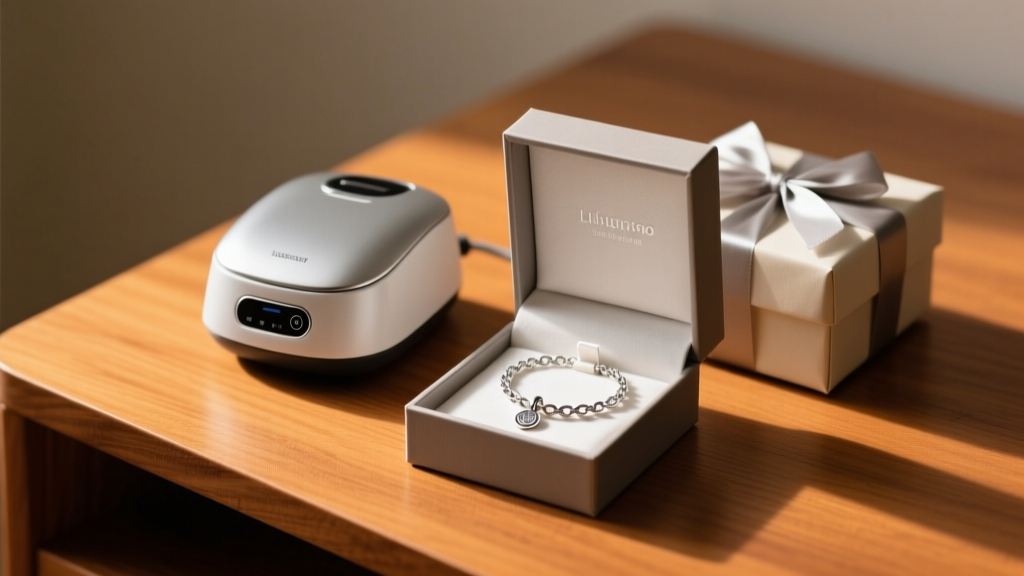 Ultrasonic jewelry cleaner resting beside a graduation gift box holding a sterling silver charm bracelet on a warm wooden desk.