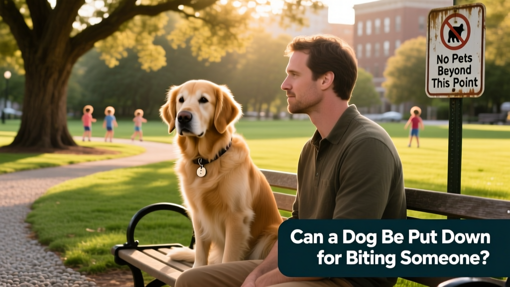 A calm, well-socialized dog sitting beside its owner in a park