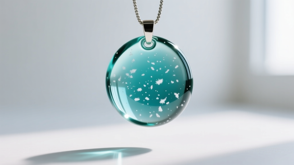 Macro shot of a borosilicate glass pendant with cremation ashes, displaying white flecks in a clear teal matrix under soft light