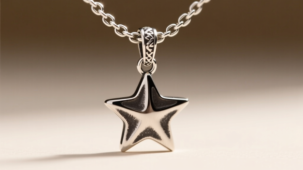 Extreme macro shot of a 1.2mm sterling silver rolo chain threading through the bail of a textured, oxidized silver star pendant.