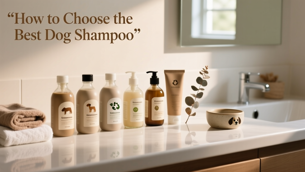 A selection of gentle, natural dog shampoos lined up on a clean bathroom counter