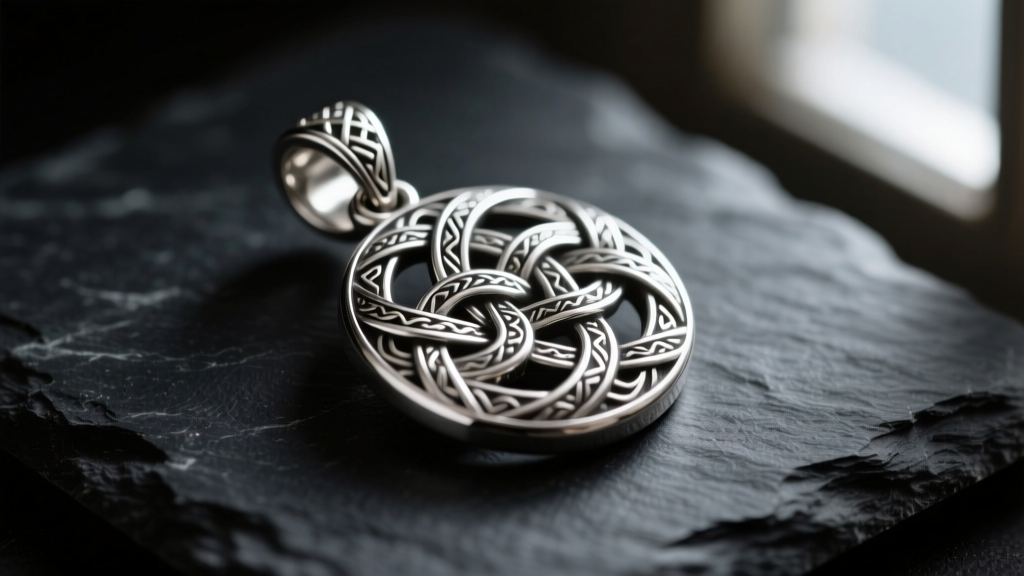 Close-up of a heavy 925 sterling silver Norse pendant featuring intricate knotwork, resting on dark slate with moody lighting