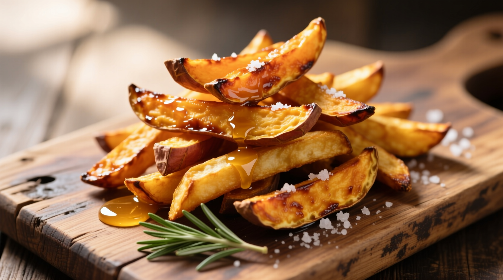 Golden baked sweet potato fries on wooden board