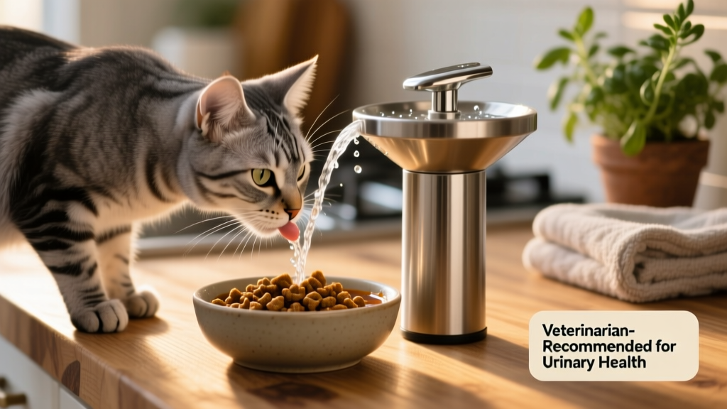 Close-up of a cat drinking from a fresh water fountain next to a bowl of wet cat food