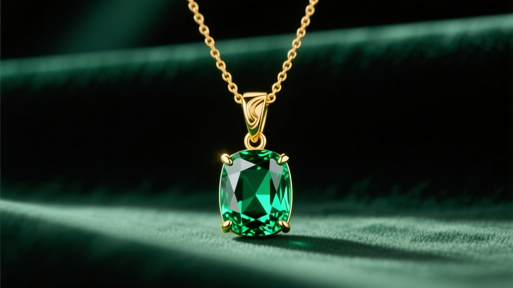 18k yellow gold necklace with a tsavorite garnet pendant on dark emerald velvet, illuminated by soft warm lighting