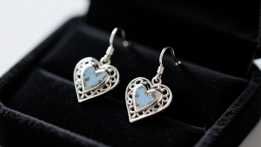 Tarnished and polished 925 sterling silver heart drop earrings resting on dark velvet jewelry tray with soft directional lighting